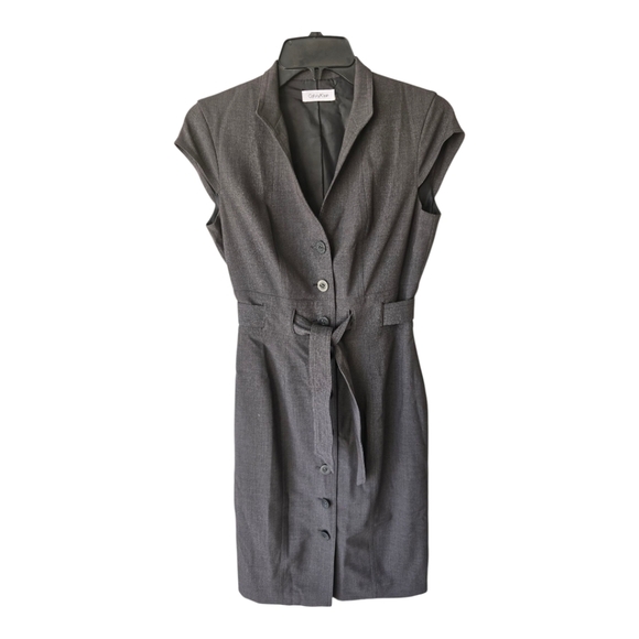 Calvin Klein Dress Sz S Gray Button Down Tie Waist Belted Midi Sleeveless - Picture 1 of 12